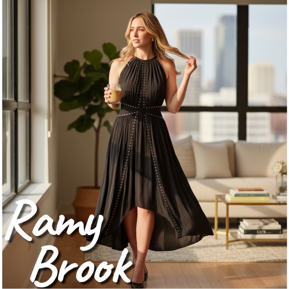 Ramy Brook New York Pleated Studded Black Dress Size small